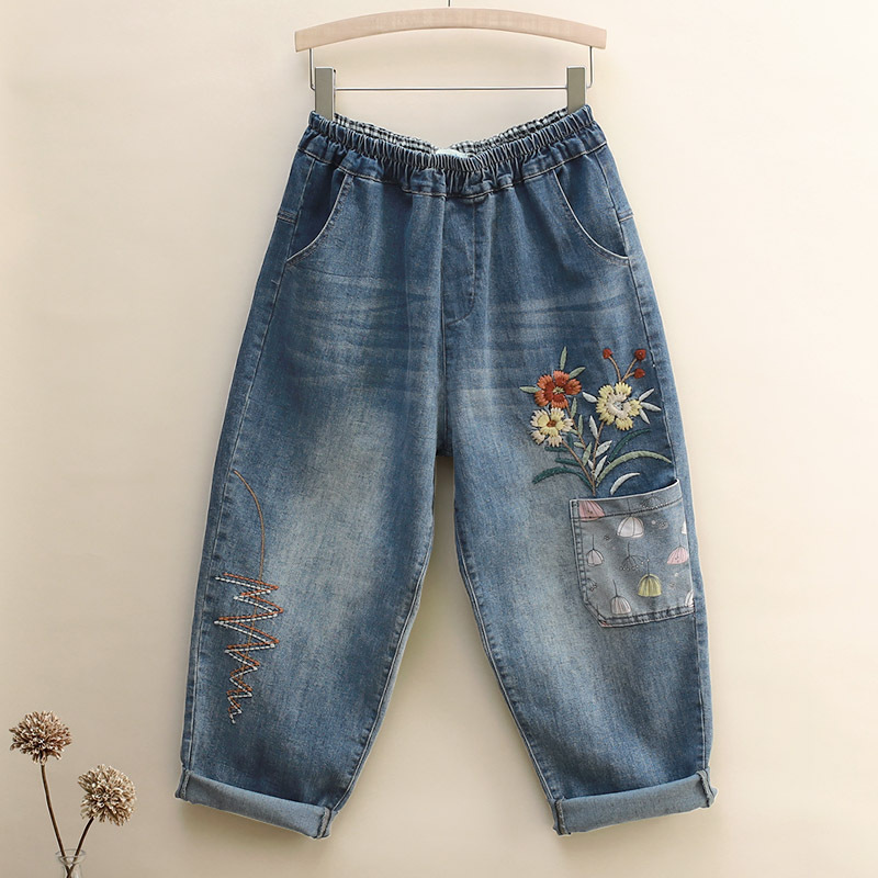 2023 New Harem Pants Pocket Flower Jeans Women's Elastic Waist Thin Stretch Cropped Pants