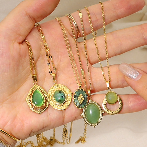 欧美INS轻奢风椭圆天然石吊坠项链18K镀金钛钢锁骨链外贸项饰批发