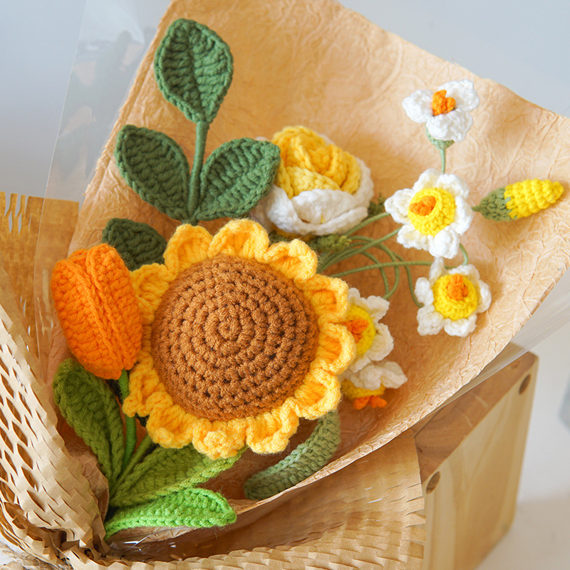 毛线钩针编织手工花束成品母亲节向日葵针织仿真玫瑰永生花送母亲-阿里巴巴