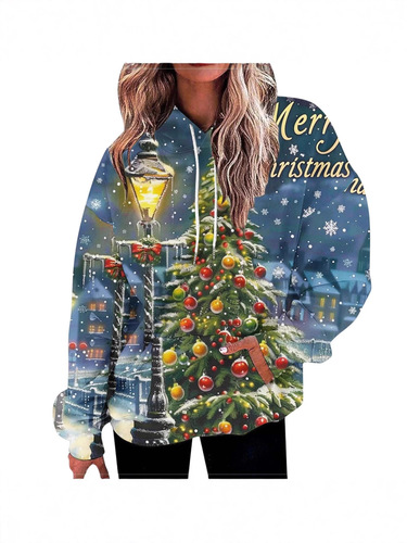 2025 European and American cross-border casual hooded sweater Christmas ladies autumn 3D digital printed sweater coat