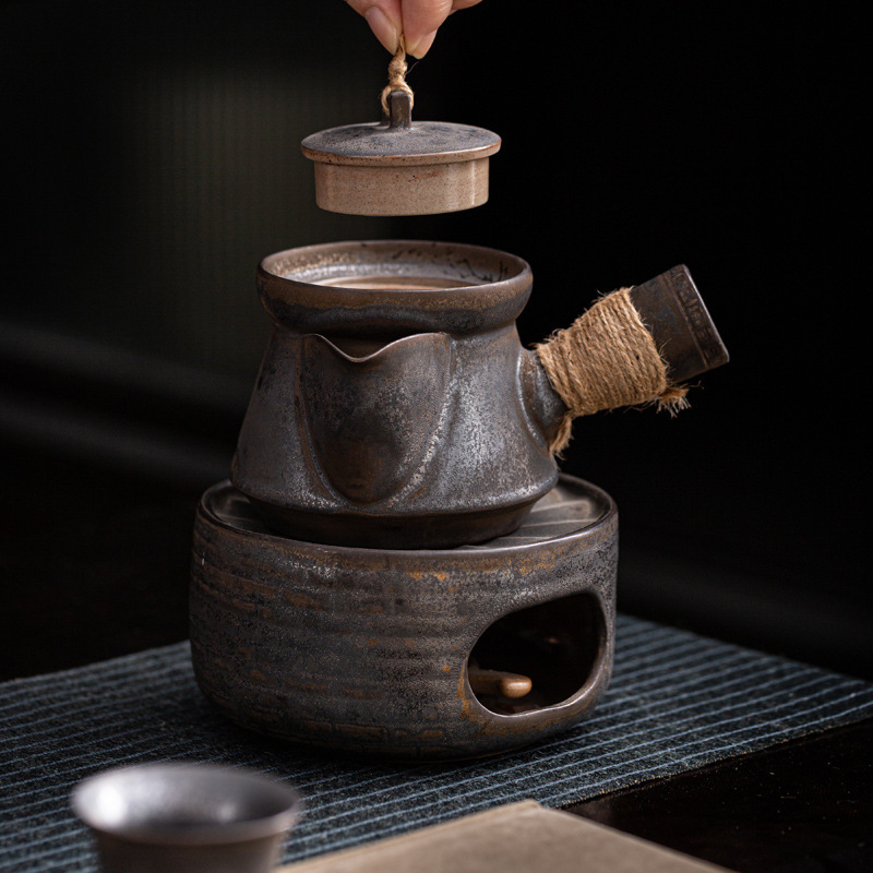 铁锈釉鎏金侧把泡茶热茶带过滤壶蜡烛提梁壶温茶器保温茶茶具套装