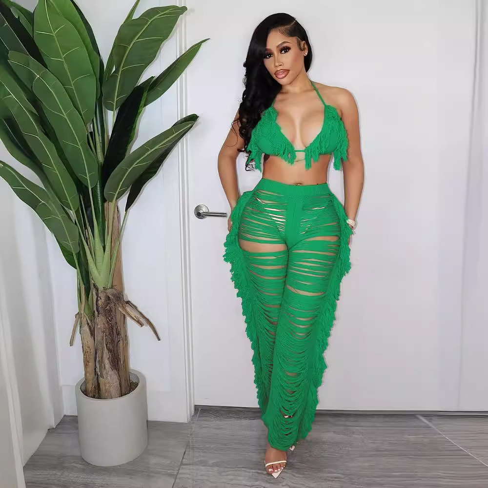 Women's Clothing summer new women's sexy tassel knitted pants suit_voghion.com