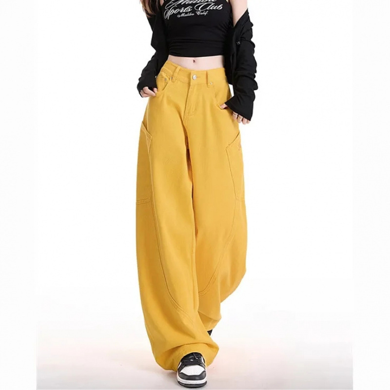 Forever 21 Embroidered Wide Leg Jeans Women's Spring High Waist Loose Slimming Stitching Design Sense Yellow Scimitar Pants