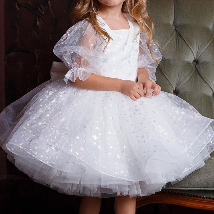 Christmas Princess Dress For Girls – Sparkly White Tutu With Puffed Sleeves & Bow Details (80-160cm, Perfect For Holiday Parties & Performances)_voghion.com