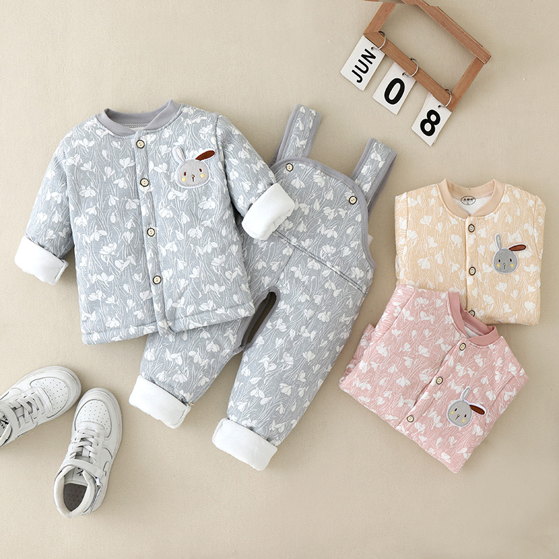 Baby and Children A-Grade Winter Thick Set for Toddlers, Unisex Baby Open-Back Fleece Split Harness Pants and Cotton Pajamas