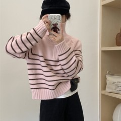 25 秋冬新作女性用ハーフオープンカラーセーター、ルーズプルオーバー、ショートストライプ、ファッショナブルで多用途なセーター、韓国風ジャケット
