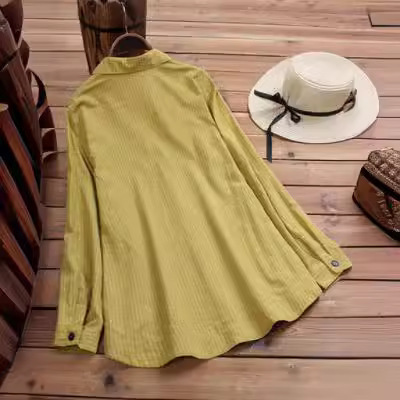 Ladies Pure Color Striped Button Cotton Linen Pouch Striped Long-Sleeve Long Dress Shirt Top