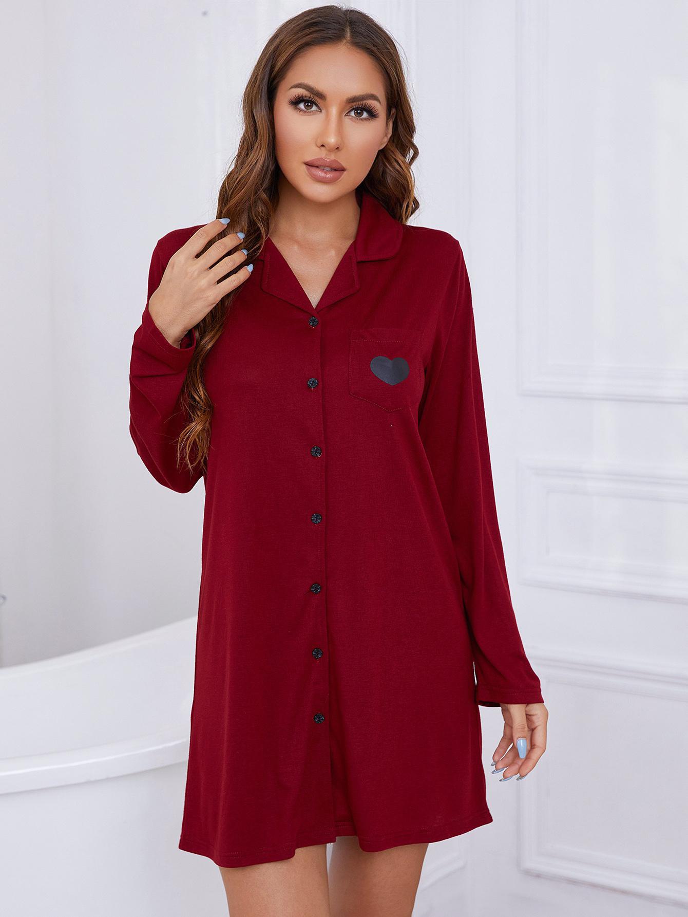 buttons heart-shaped print long-sleeved loose nightdress-Can be worn outside NSWFC130563