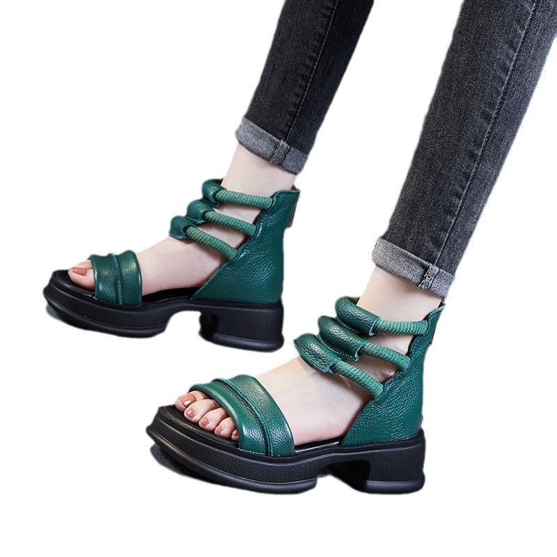 Summer leather sandals, high slide, slippers, beach footwear, 2023, cowhide