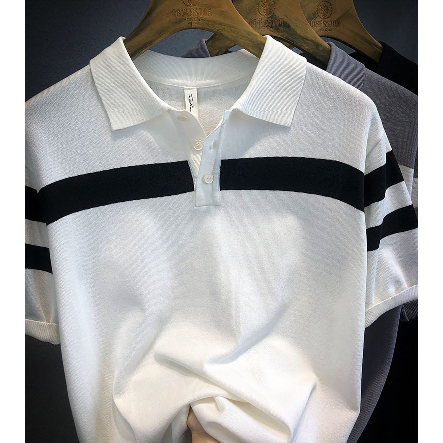POLO suéter de punto de manga corta con solapa para hombre, verano, seda de hielo, rayas, color a juego, negocio, delgado, marea, comercio exterior, venta al por mayor transfronteriza