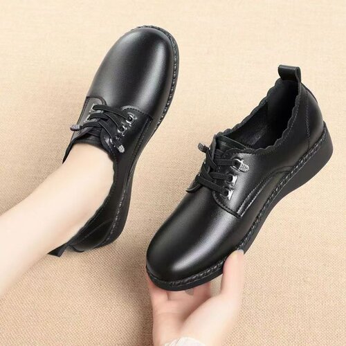 Mama Women's Spring Soft Leather Soft Sole Ankle Boots 2025 Single Shoes for Middle-Aged and Elderly Women Flat Slip-Resistant Comfortable Work Small Leather Shoes