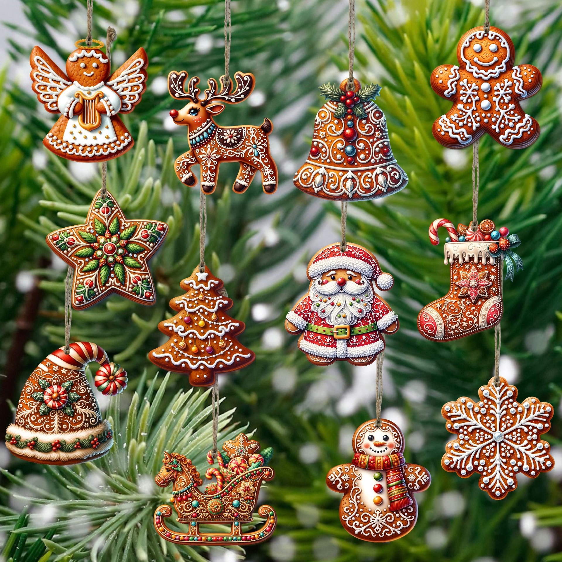 12 piezas de madera hecha a mano Navidad Colgante Set Gingerbread Man con patrón de Santa Claus adecuado para la decoración de regalos navideños