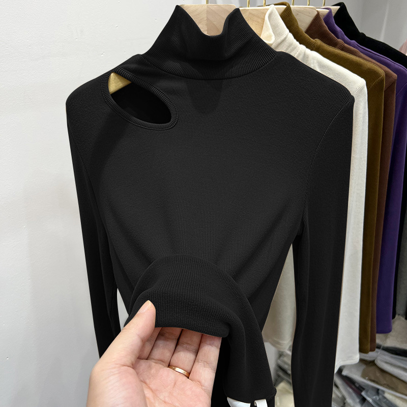 유럽풍 컷아웃 오프숄더 모달 하이넥 긴팔 티셔츠 여성용 2026 가을 겨울 신상 이너웨어 베이스 레이어 탑 ins
