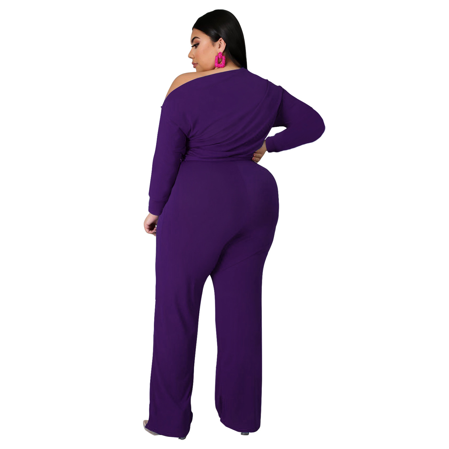 women s plus size solid color strappy shoulder T-shirt flared pants suit nihaostyles clothing wholesale NSBMF80099