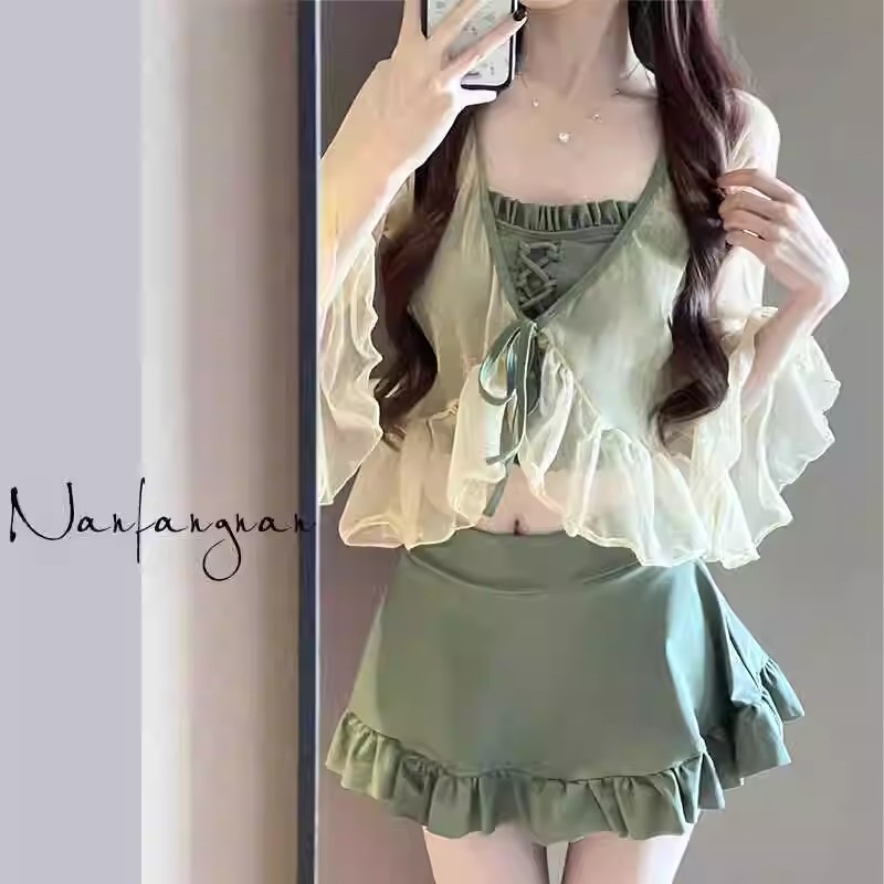 2024 Summer Sweet Girl Swimsuit for Women with Separate Top and Bottom, Braided Waistband, Belly Concealer, and Three-Piece Set 