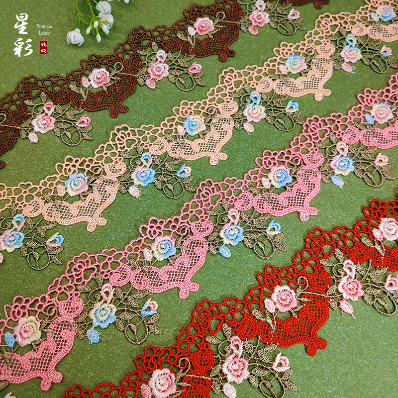 精美多色水溶花边民族风镂空花朵蕾丝辅料新中式涤纶刺绣面料批发