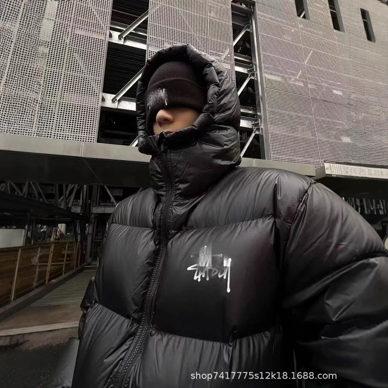 Cross-Border Stussy Hot-Selling Cotton Jacket for Men and Women, Solid Color Versatile Hooded Coat, Winter Casual Stussy Puffer Jacket