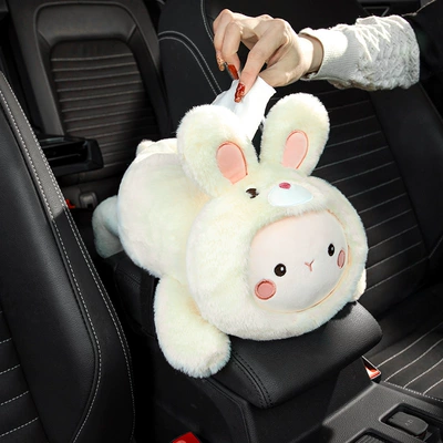 Cartoon car tissue box armrest box rear row chair back-mounted tissue box cute car interior decorations (Car tissue box/set) - cute-white-rabbit-seat-tissue-box