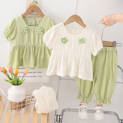女童洋氣套裝夏季2024新款網紅夏款衣服女寶寶夏裝時髦短袖兒童裝