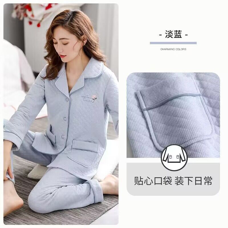 Pijamas engrosados más tamaño puro algodón de las mujeres primavera y otoño manga larga sándwich aire algodón otoño e invierno las mujeres homewear
