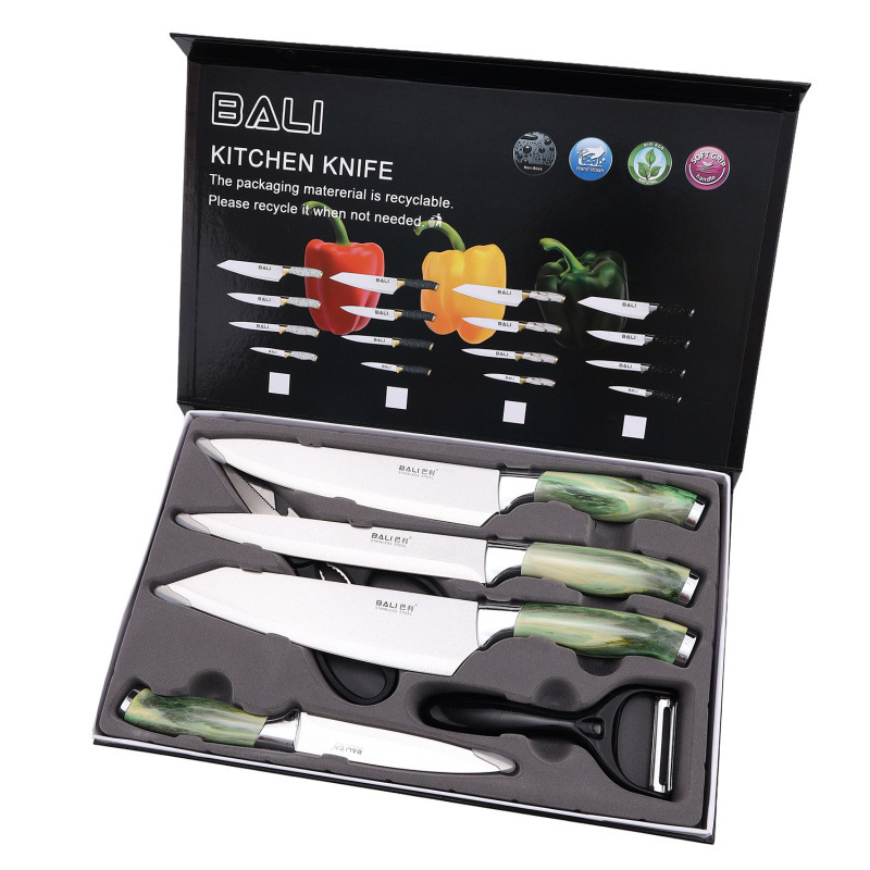 Gran por mayor mármol doble galvanoplastia seis piezas juegos de cuchillos de cocina tijeras cuchillos multifuncionales regalos