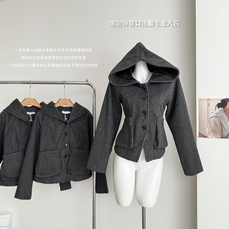Wuuus jojo private collection, witch-themed, black vintage wool coat, women's hooded woolen coat Wuuus jojo private collection, witch-themed, black vintage wool coat, women's hooded woolen coat