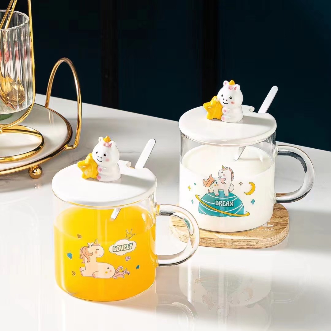 Regalo creativo de dibujos animados 3D tridimensional unicornio taza de vidrio con tapa cuchara lindo mascota taza de beber Oficina