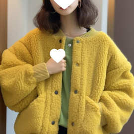 黄色加厚羊羔绒外套女冬季小个子短外套小香风慵懒颗粒绒厚款上衣