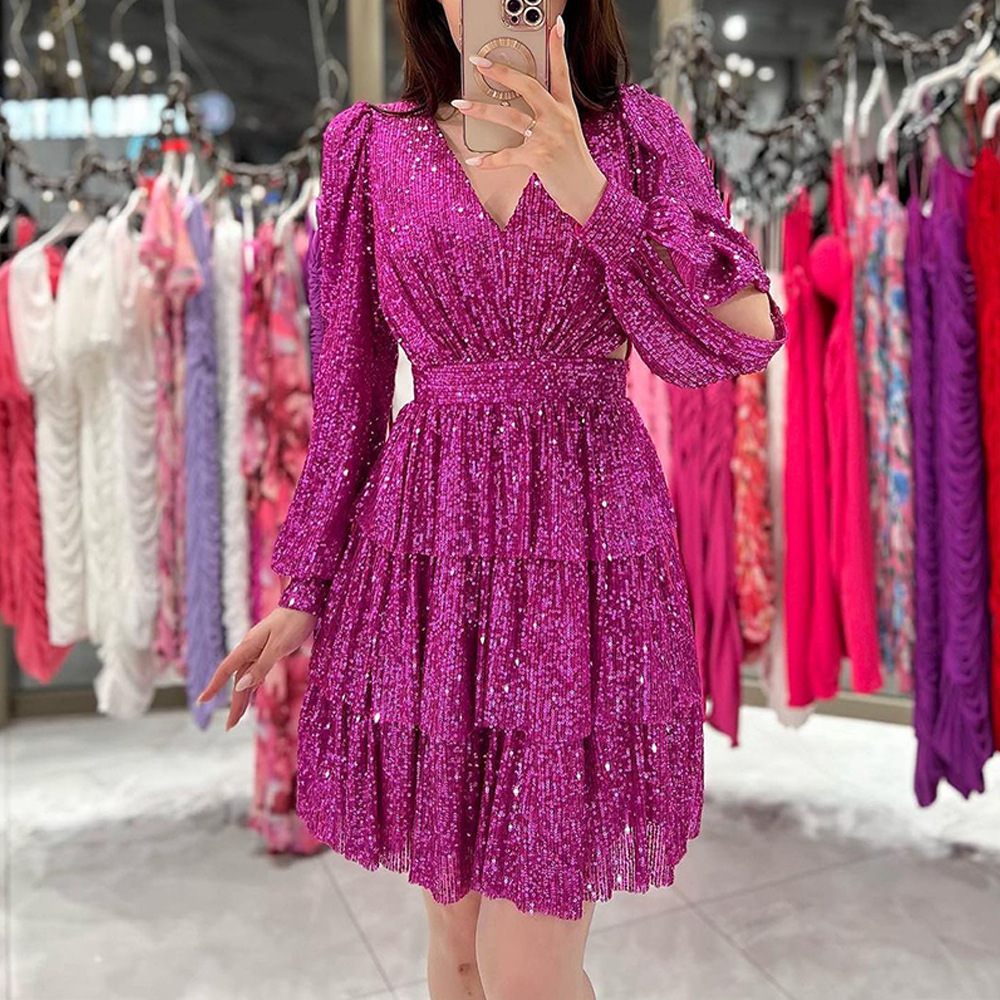 Long Sleeve Sleeve Length Sequin Dress Dresses Type Wholesale Women's Streetwear Sequins Glittery Solid Color Holiday Daily V Neck Long Sleeve Sequin Dress