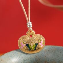 人品银品 足银999描金珐琅蝴蝶锁片吊坠时尚百搭轻奢小众项链