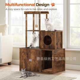 跨境猫砂箱外壳隐藏的猫卫生间家具木制猫屋与猫爬架扩大猫砂柜子