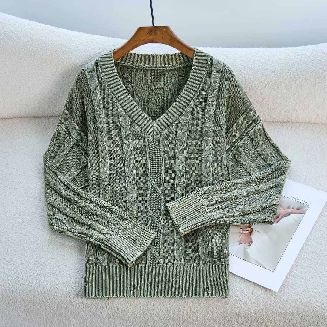 Coreano retro torcido cuello en V manga larga camiseta de punto suelta nuevo otoño y invierno hacer viejos agujeros suéter mujer ropa exterior image 4