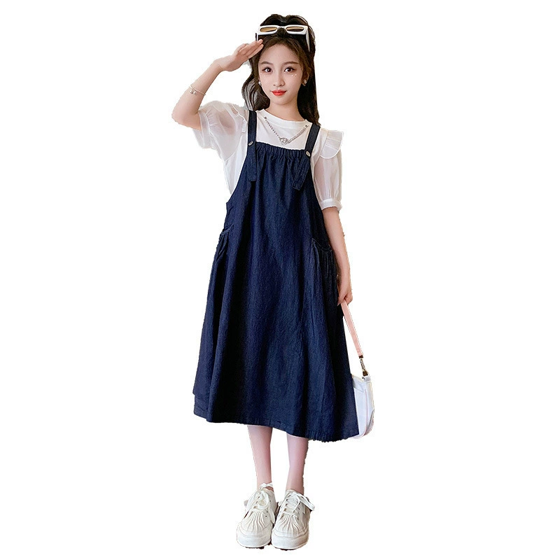 Summer children's set, thin shiffon denim summer dress for leisure for princess, for teenagers