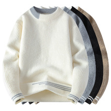 跨境欧码大码圆领针织衫毛衣男拼色外套内搭打底衫潮工厂批发