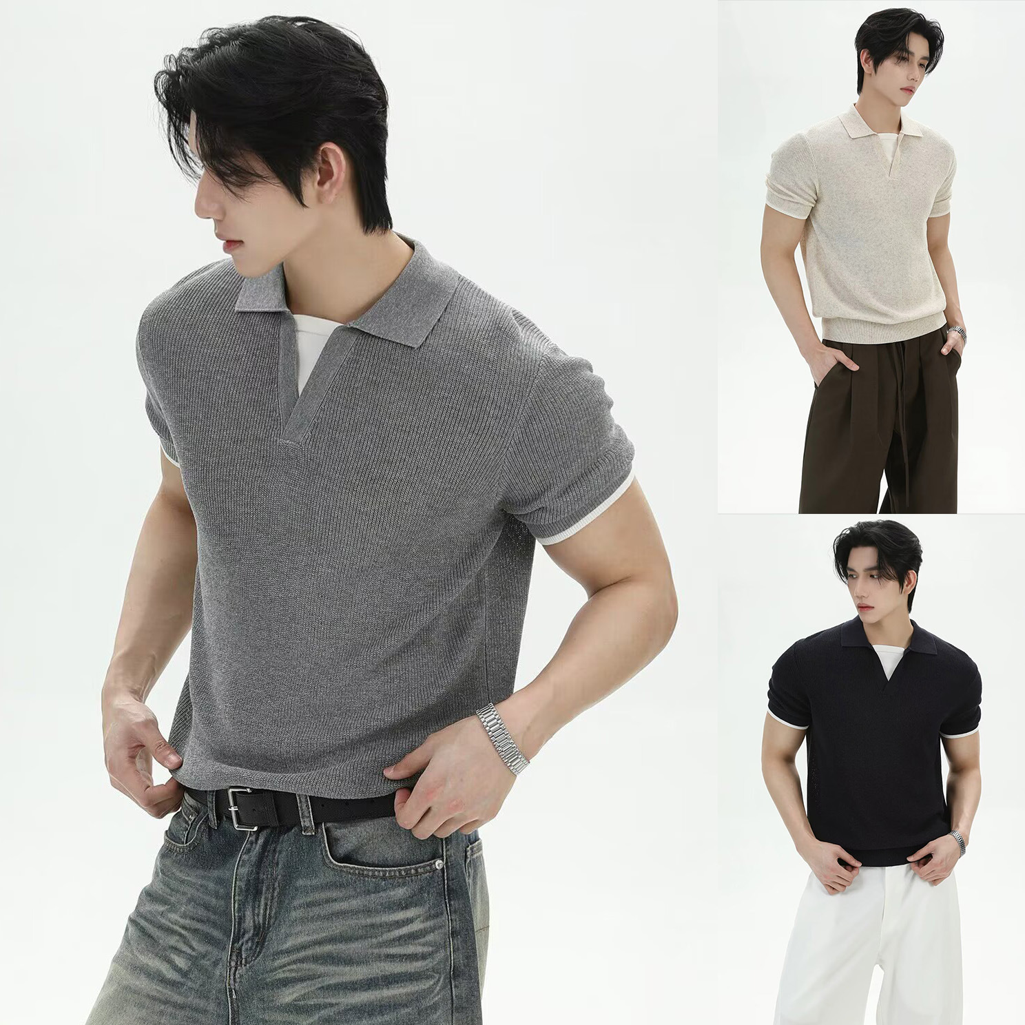 Polo camiseta de punto camiseta de manga corta camiseta de hombre solapa falsa dos piezas de cuello en V viejo viento de dinero seda de hielo de verano fábrica transfronteriza mayorista
