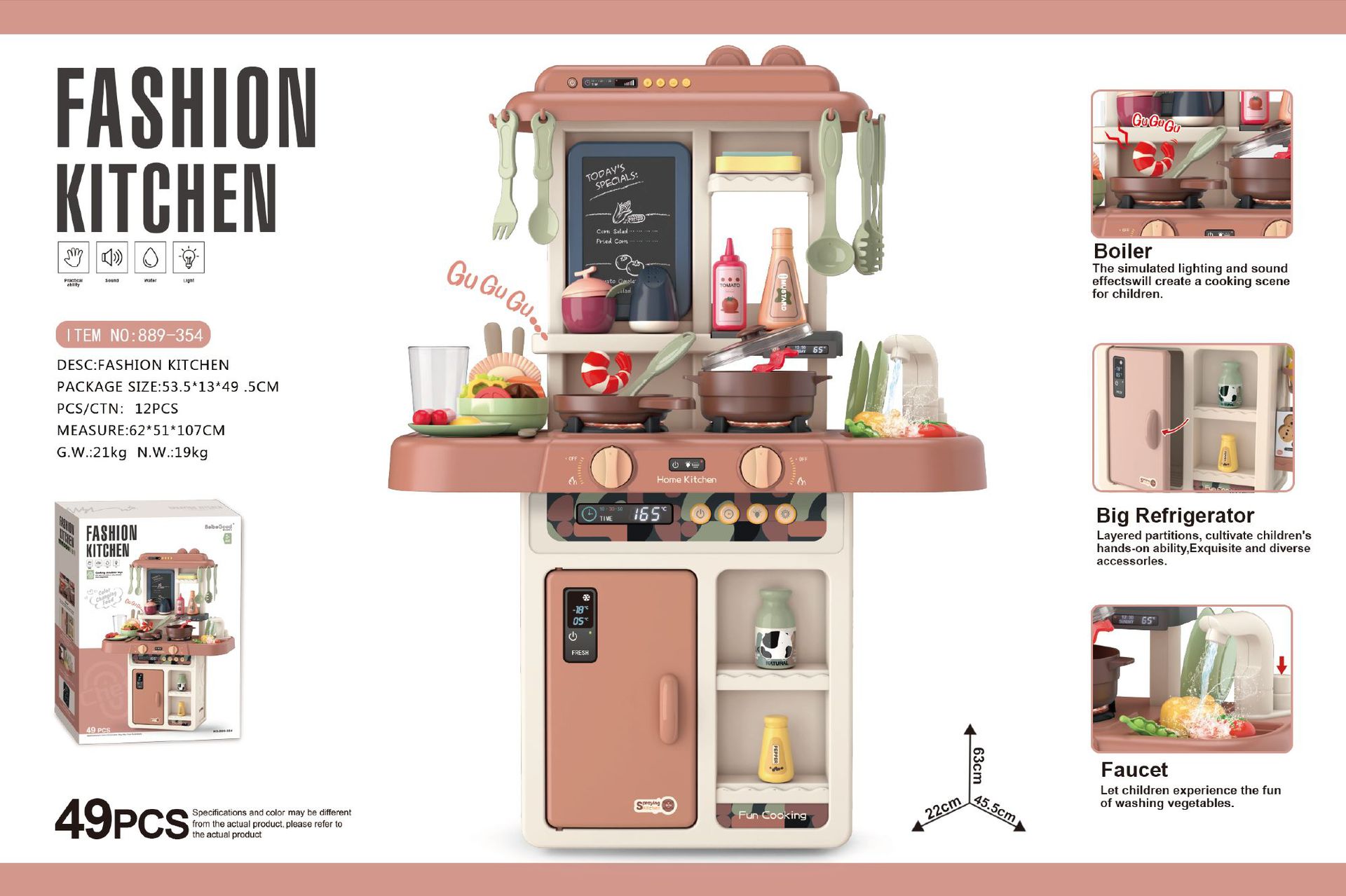 889354-63CM cocina de moda (con iluminación, función de agua, alimentos de cambio de color) 49PCS, no incluye electricidad 3 * 1.5AA