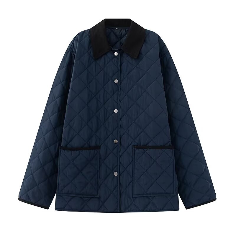 Pb&Za Women's 2025 Autum New European and American Style Navy Blue Diamond Plaid Waterproof Quilted Jacket