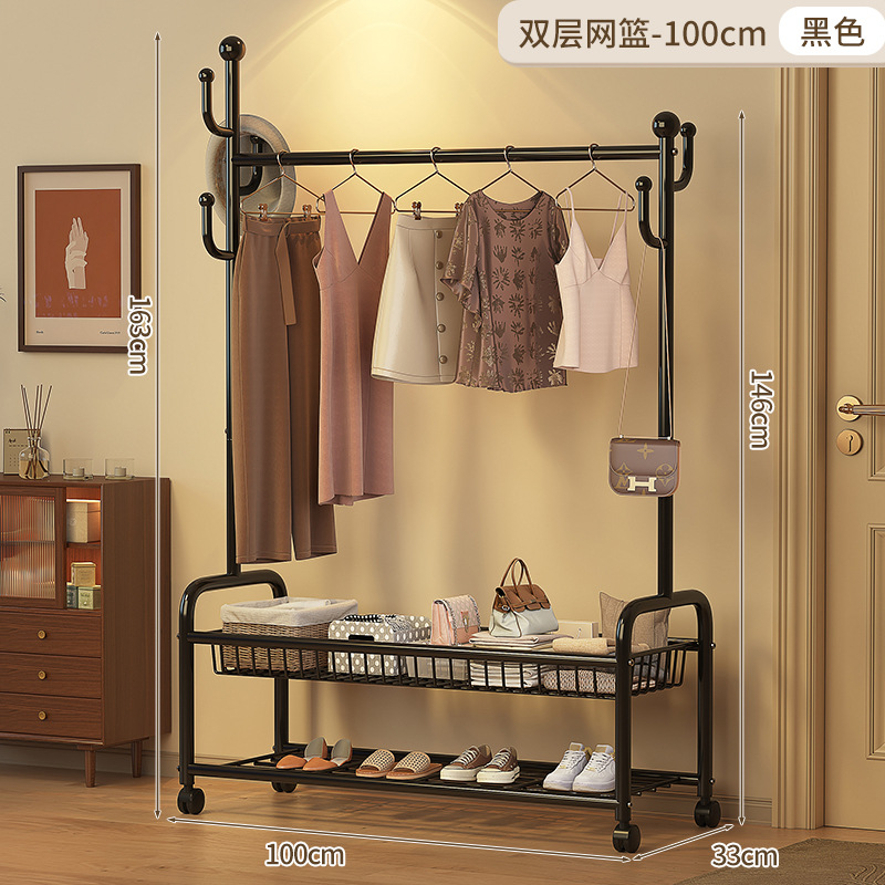 100cm 더블 레이어 메쉬 바스켓 - 클래식 블랙 + 후크 6개 + 금속 범용 휠