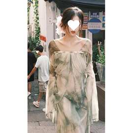 高端精致新中式复古风独超好看长裙绿色油画晕染连衣裙子女秋