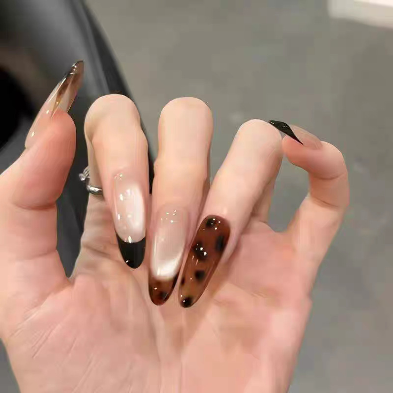 Leopard Print Japanese-Style Manicure Korean-Style Three-Dimensional Versatile Bowknot Wearable Nails with Ribbon Bow Decoration Ins-Style Colorful Nails