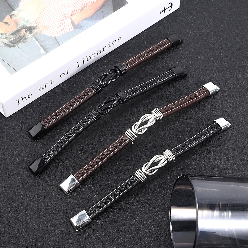 Woven Chain Chain Type Vintage Style Classic Style Solid Color Pu Leather Alloy Men's Wristband Men Cord & Leather Bracelets