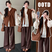 孕妇秋季新款甜美韩系蕾丝衬衫毛呢开衫马甲外套咖色阔腿裤三件套