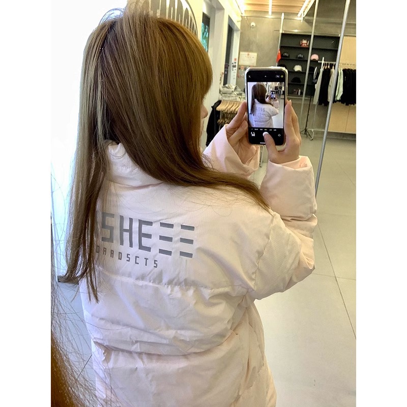 学院风本地库存浅灰粉色印花棉服女冬季小众甜美温柔风保暖棉衣潮