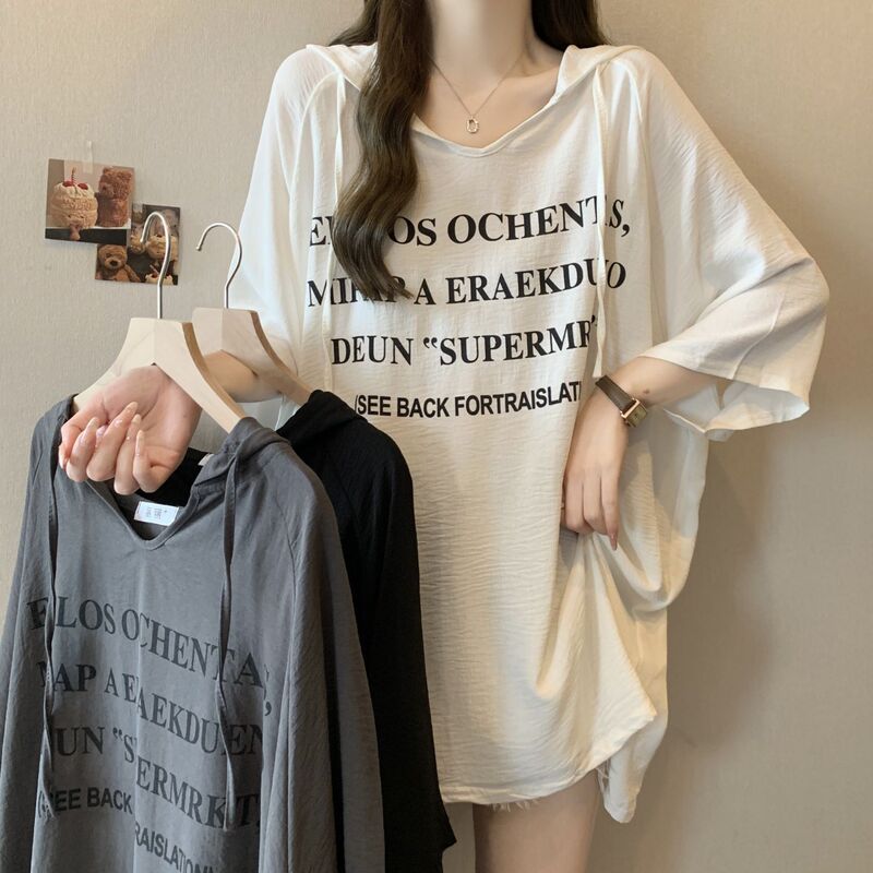 Plus-Size Hooded Letter-Print Short-Sleeve T-Shirt for Women, New Summer Style, Loose Fit, Flattering and Slimming Casual Top for Women Plus-Size Hooded Letter-Print Short-Sleeve T-Shirt for Women, New Summer Style, Loose Fit, Flattering and Slimming Casual Top for Women