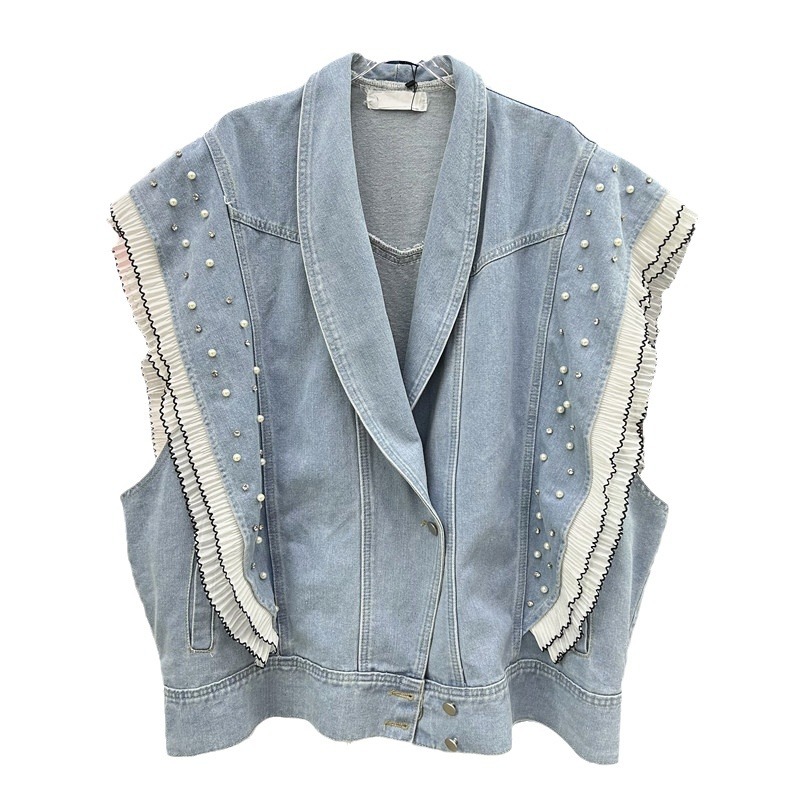 2024 primavera retro nicho con solapa de bordes de lótus sueltos versátiles lavado con agua cardigán azul chaqueta