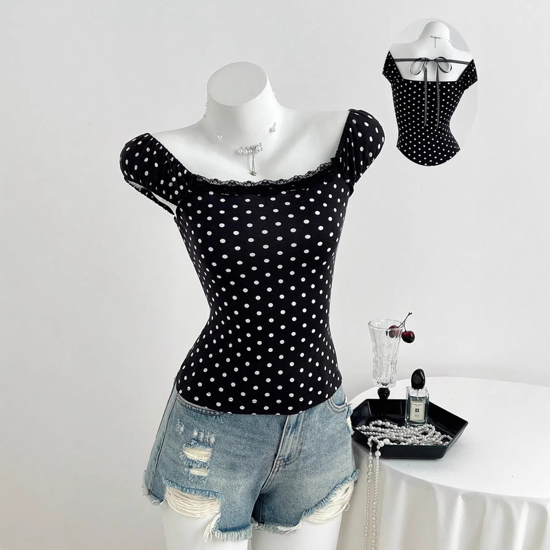 Bm Style American-Style Black Polka Dot Lace One-Shoulder Round Neck Short-Sleeved T-Shirt for Women Bm Slim Fit and Versatile Short Top