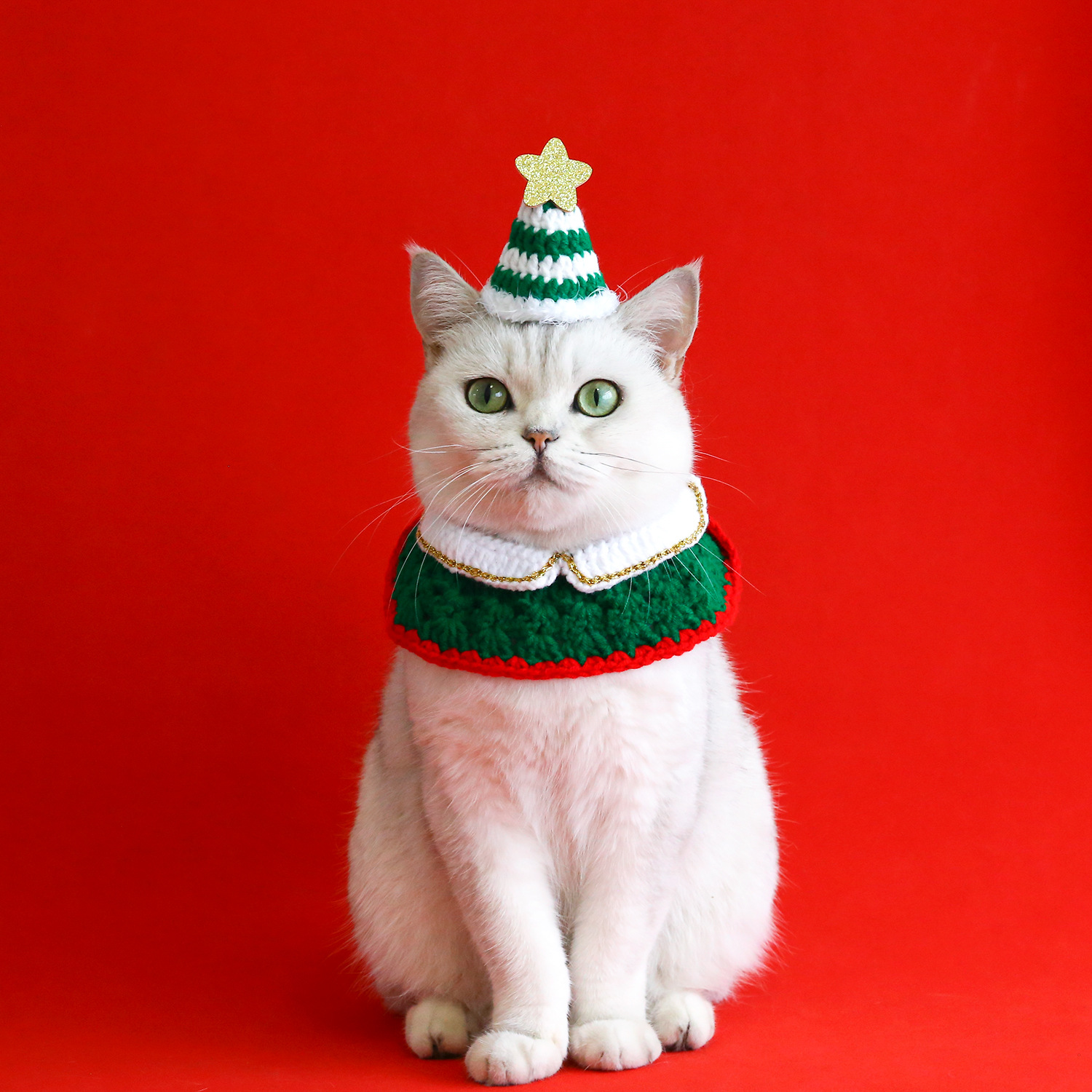 2023 gancho de mano de lana de Navidad babero del animal doméstico de punto borde dorado solapa gato perro bufanda sombrero traje