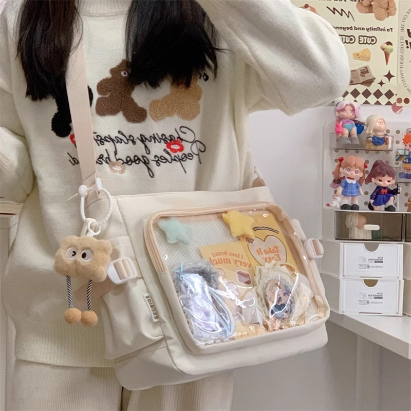 新款百搭学院风简约大容量课装书邮差包女透明吧唧背斜挎娃包痛包