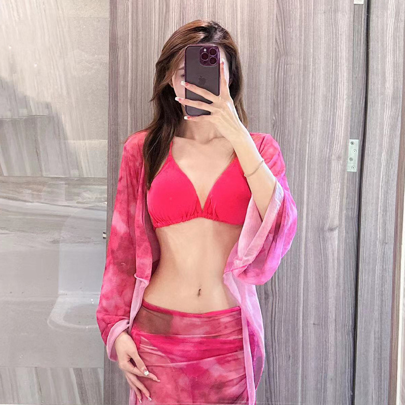 2025 nuevo traje de baño de mujer tie-dye puro deseo bikini dividido de cuatro piezas de manga larga protector solar traje de baño de alta calidad