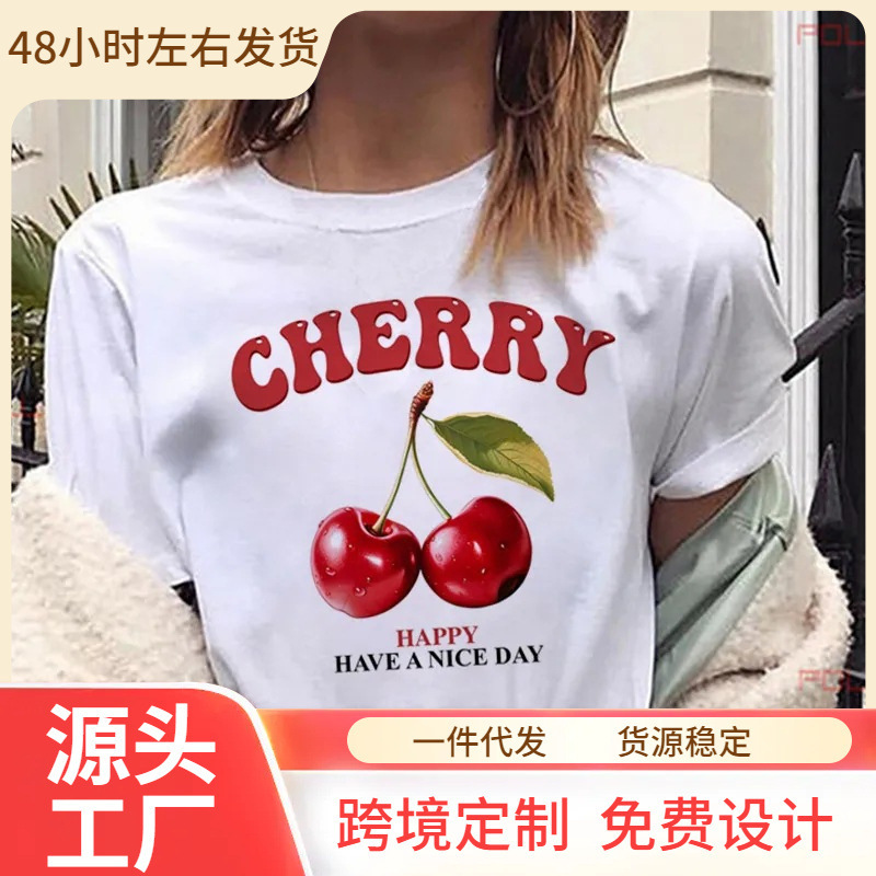 Women's Cherry Print T-Shirt with Crew Neck, Short Sleeves, Casual Top, Regular Length, Knitted Fabric, Fruit and Vegetable Print